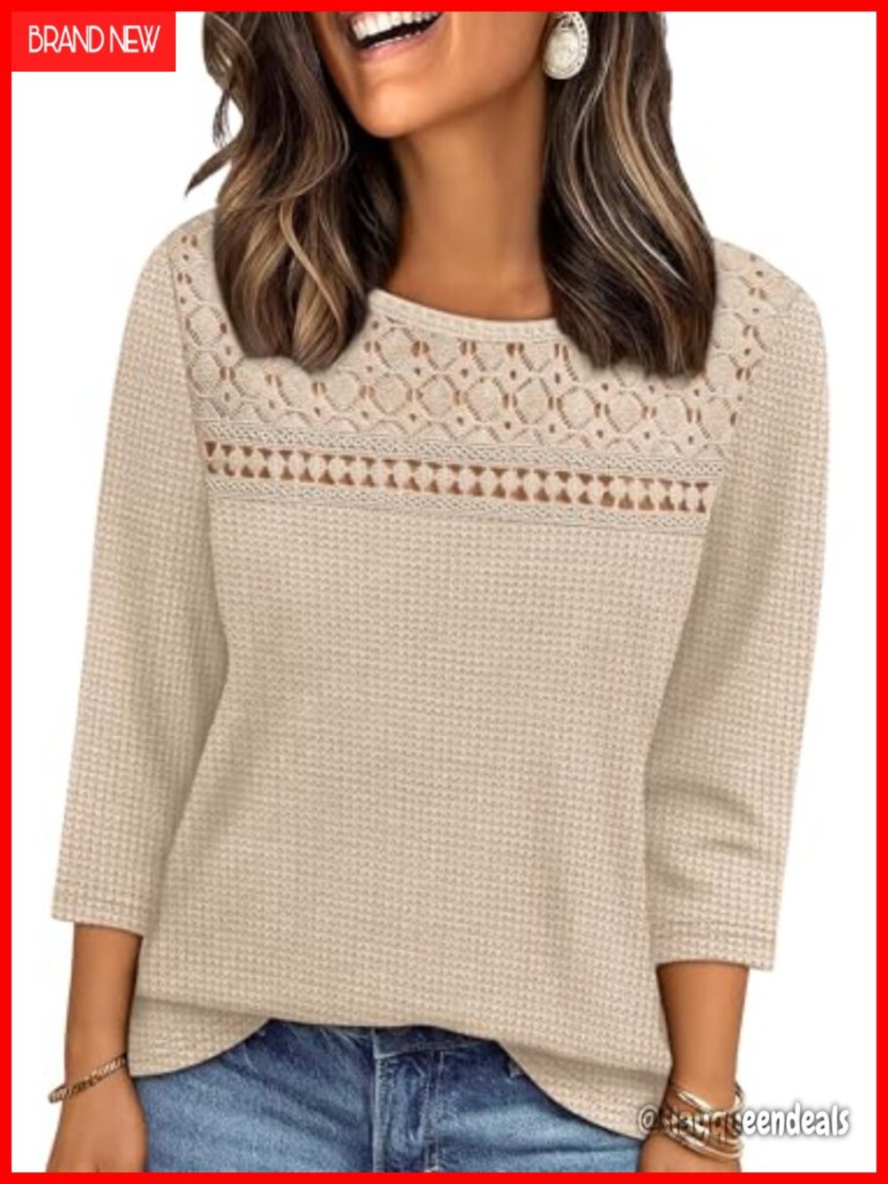 Womens 3/4 Sleeve Lace Waffle Knit Top Dressy Casual Blouse